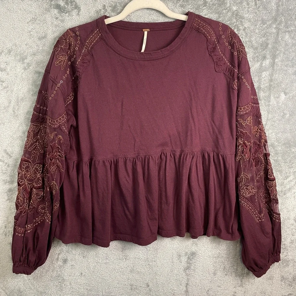 Free People Top‎  Size XS Burgundy Floral Lace Sleeve Blouse Cotton Whimsy Goth
